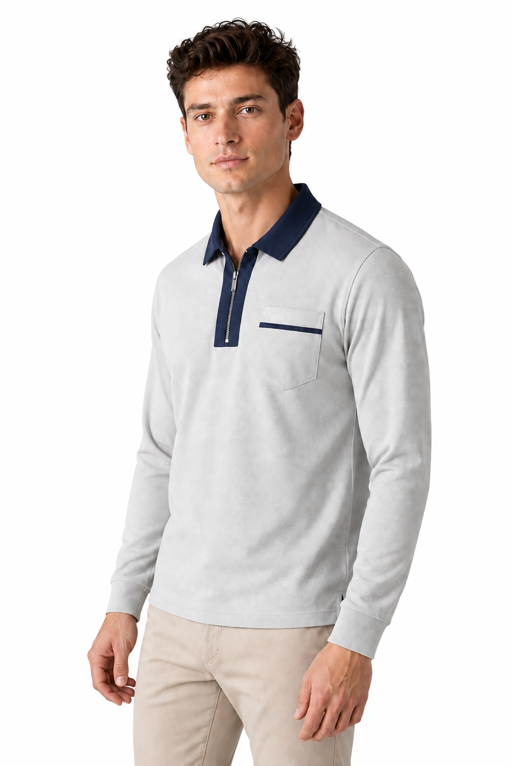 Ventorino full-zip contrast polo in gray with navy blue — model view