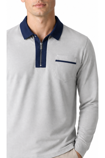 Ventorino full-zip contrast polo in gray with navy blue — zipper, fabric and pocket detail