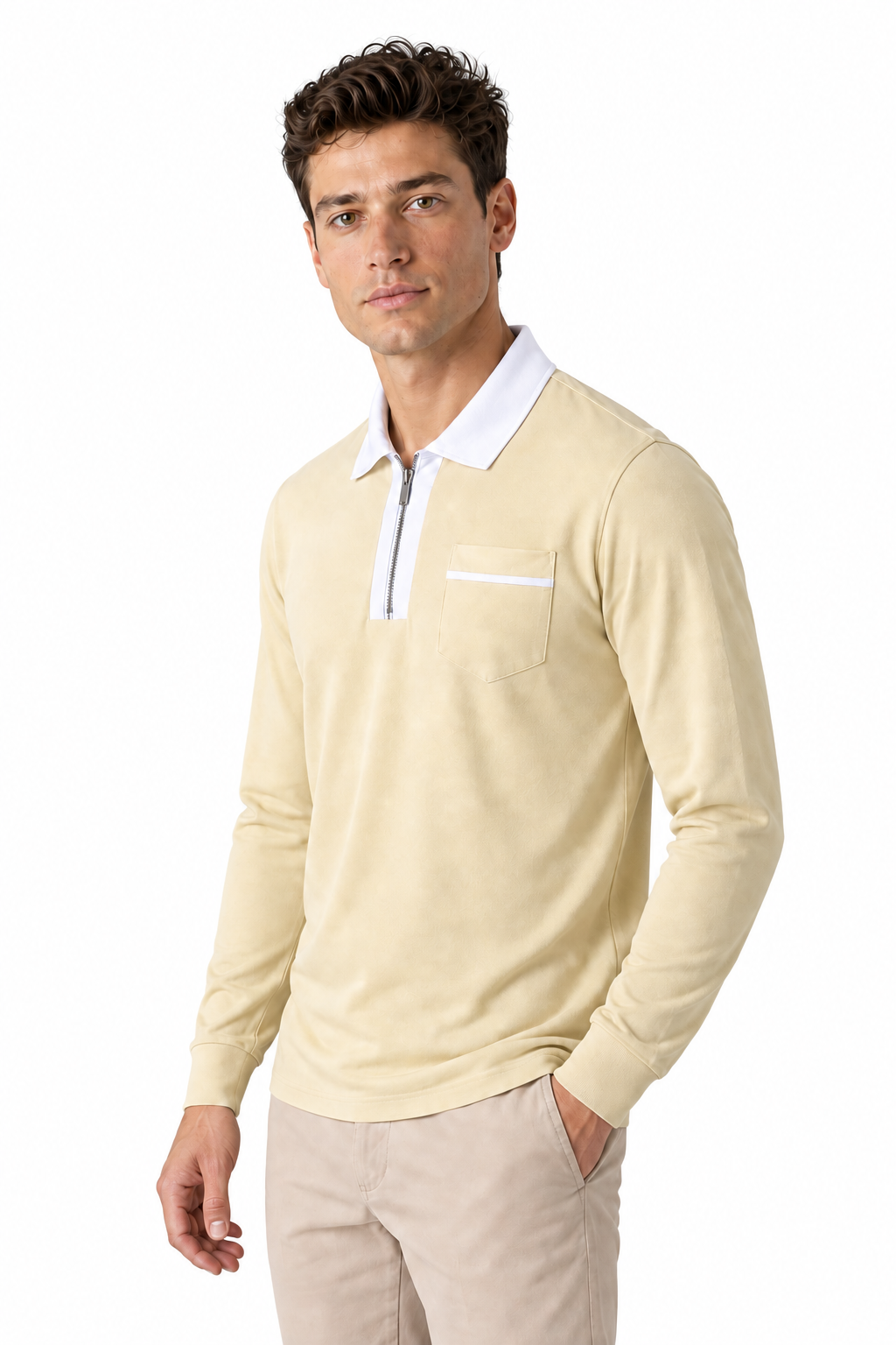 Ventorino full-zip contrast polo in khaki with white — model view