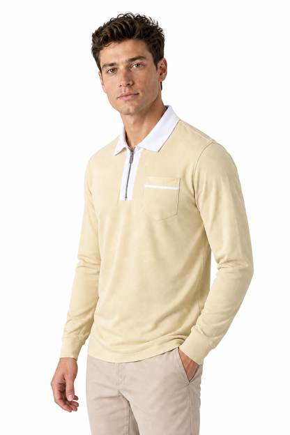 Ventorino full-zip contrast polo in khaki with white — model view