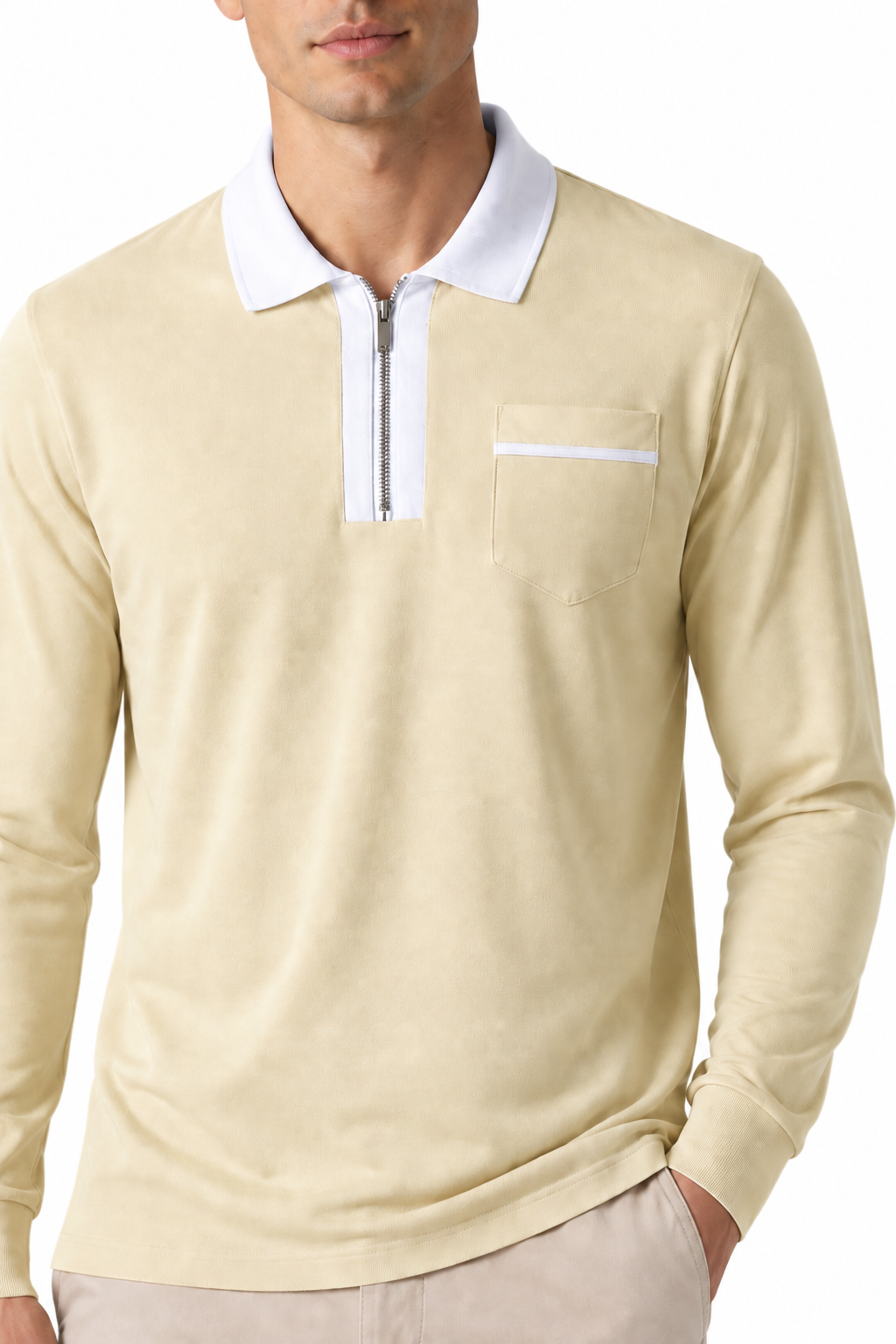 Ventorino full-zip contrast polo in khaki with white — zipper, fabric and pocket detail