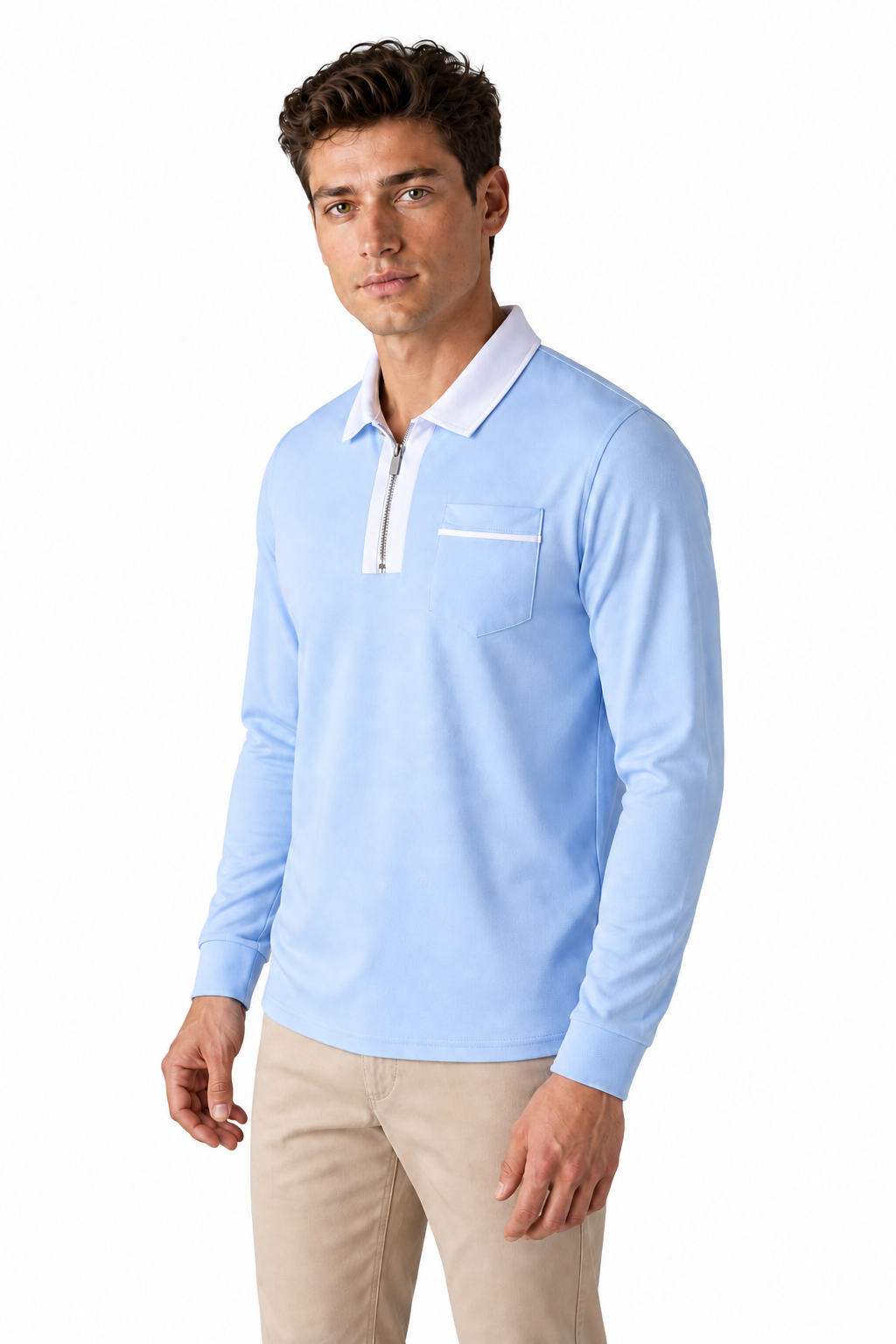 Ventorino full-zip contrast polo in light blue with white — model view