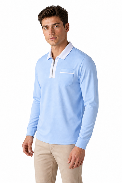 Ventorino full-zip contrast polo in light blue with white — model view