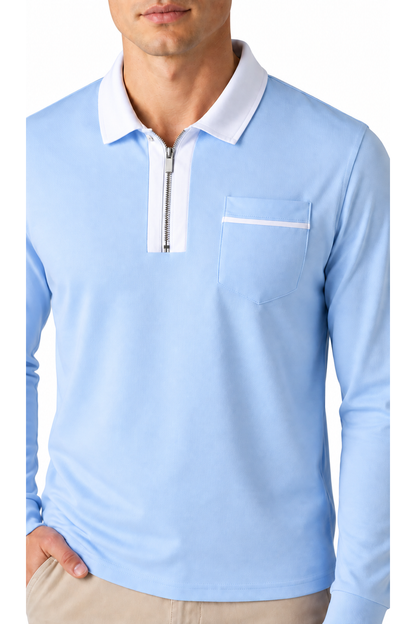 Ventorino full-zip contrast polo in light blue with white — zipper, fabric and pocket detail