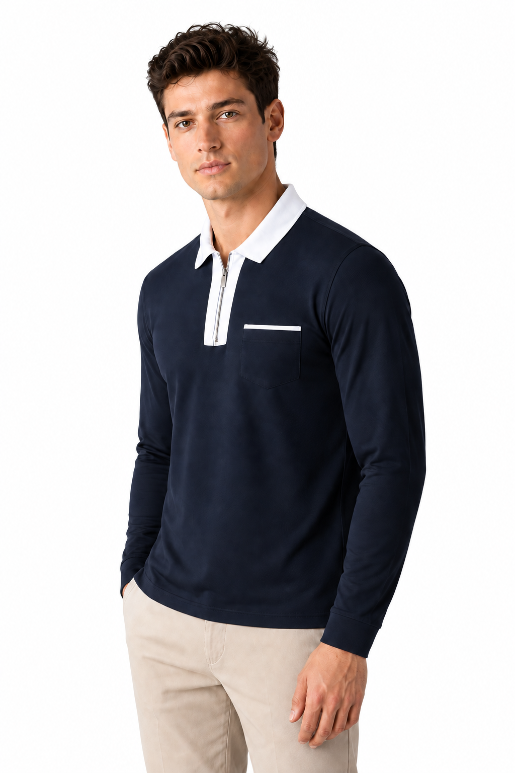 Ventorino full-zip contrast polo in navy blue with white — model view