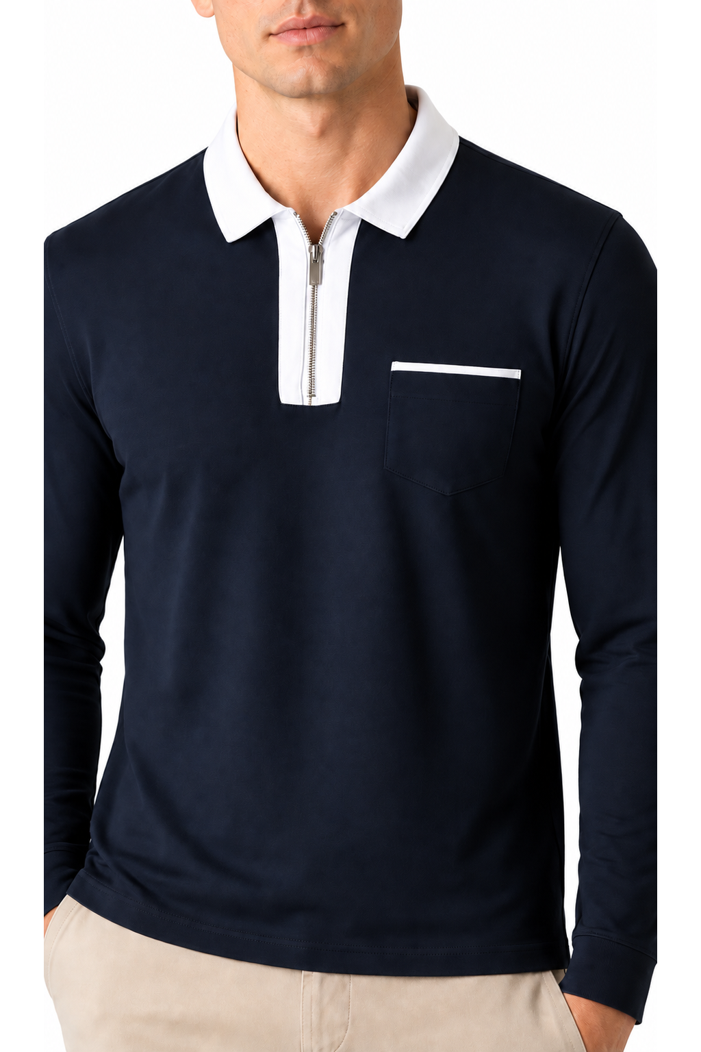 Ventorino full-zip contrast polo in navy blue with white — zipper, fabric and pocket detail