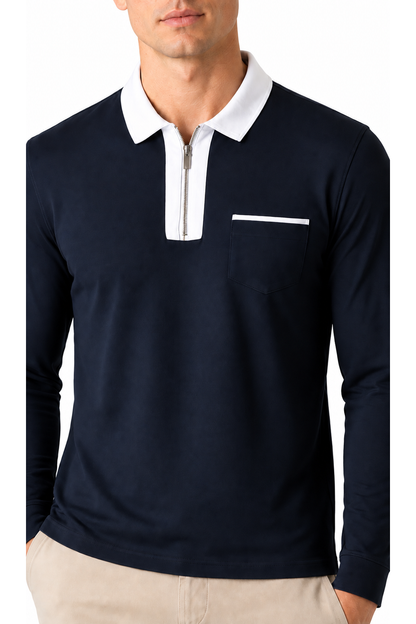 Ventorino full-zip contrast polo in navy blue with white — zipper, fabric and pocket detail