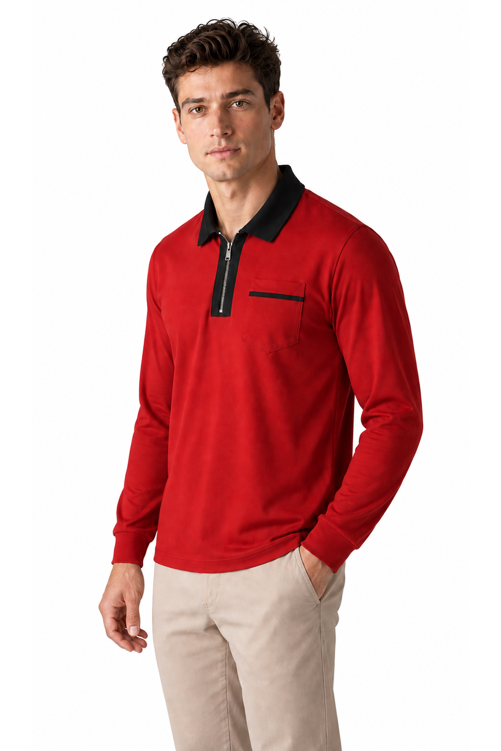 Ventorino full-zip contrast polo in red with black — model view