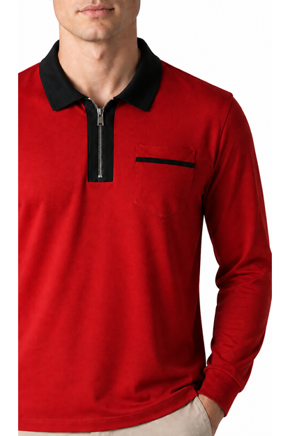 Ventorino full-zip contrast polo in red with black — zipper, fabric and pocket detail
