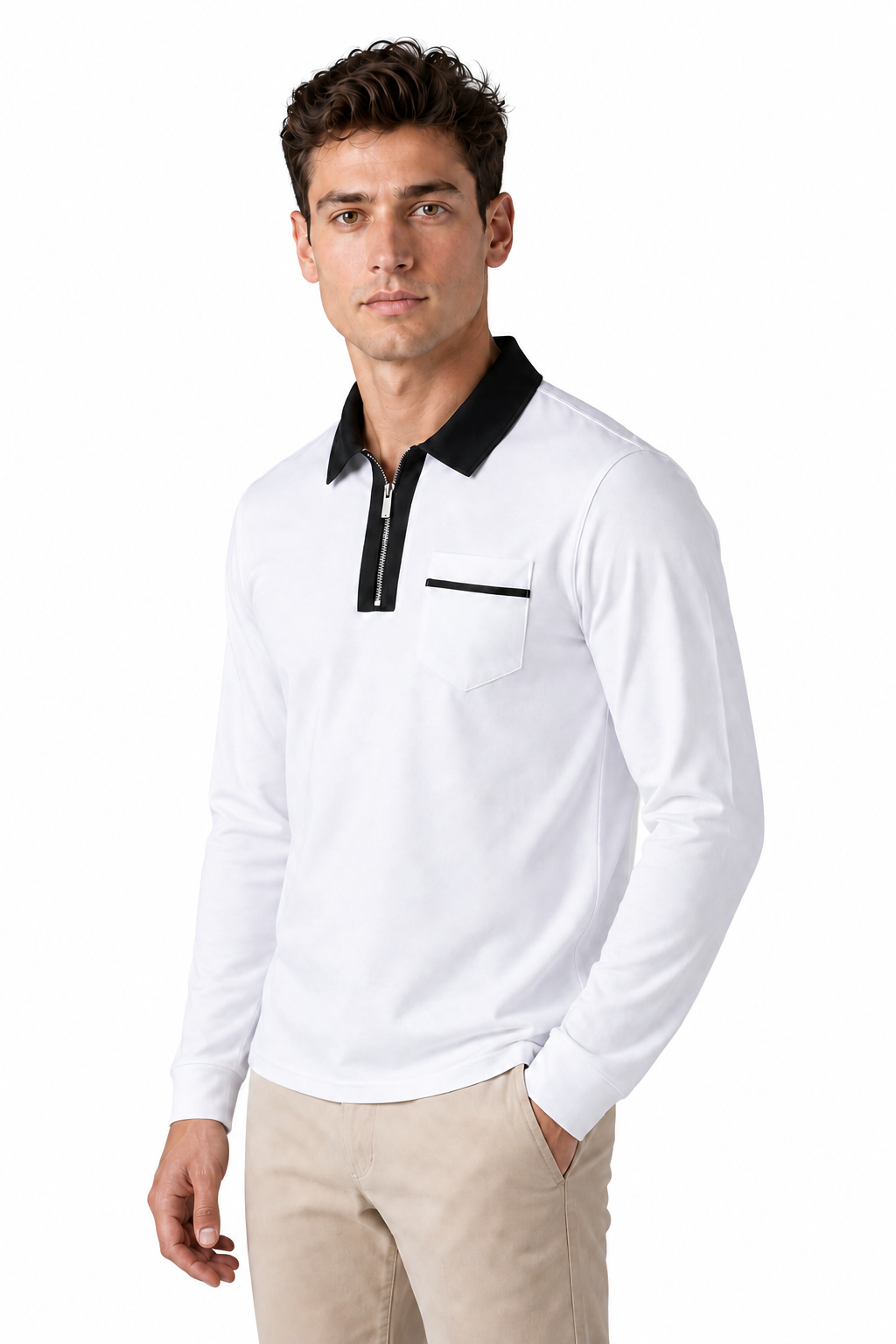 Ventorino full-zip contrast polo in white with black — model view