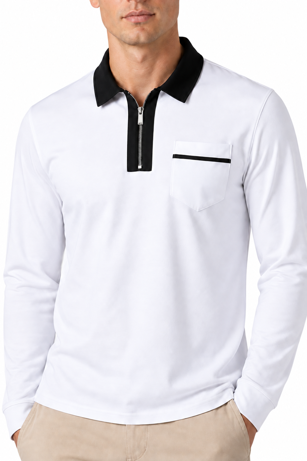 Ventorino full-zip contrast polo in white with black — zipper, fabric and pocket detail