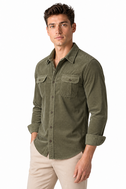 Ventorino Men's Overshirt Corduroy Fabric Rugged Style | Ventorino in Army Green — model three-quarter view