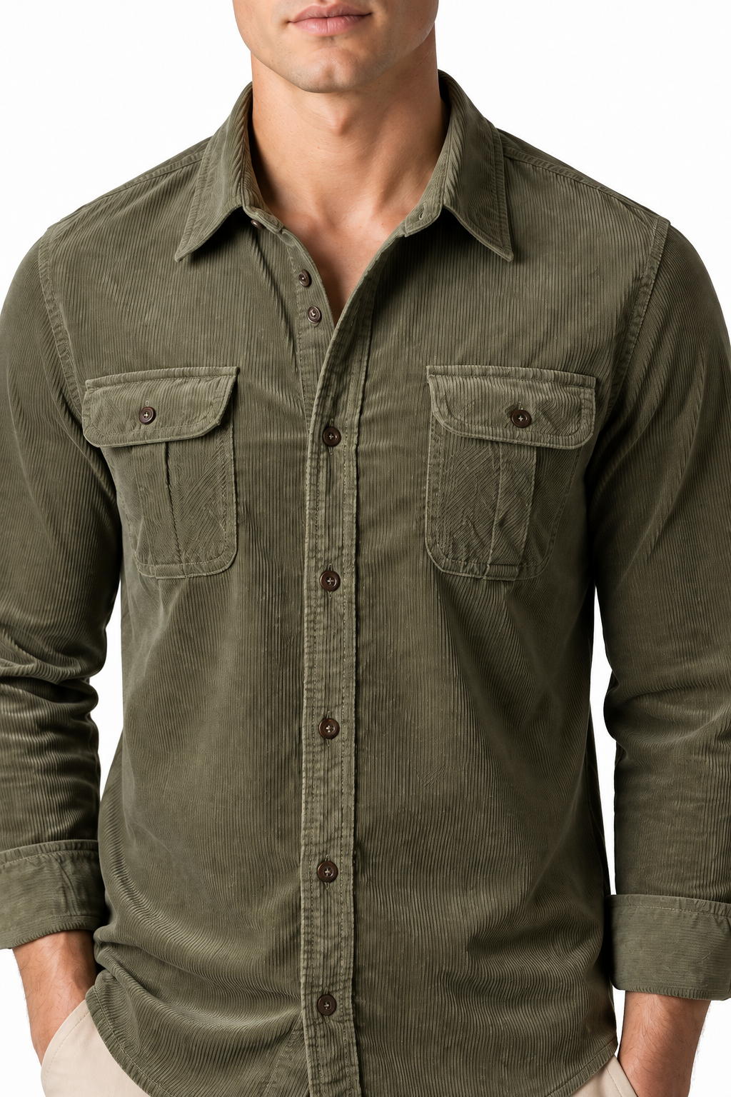 Ventorino Men's Overshirt Corduroy Fabric Rugged Style | Ventorino in Army Green — garment and fabric detail