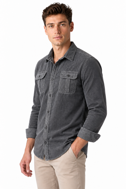 Ventorino Men's Overshirt Corduroy Fabric Rugged Style | Ventorino in Grey — model three-quarter view