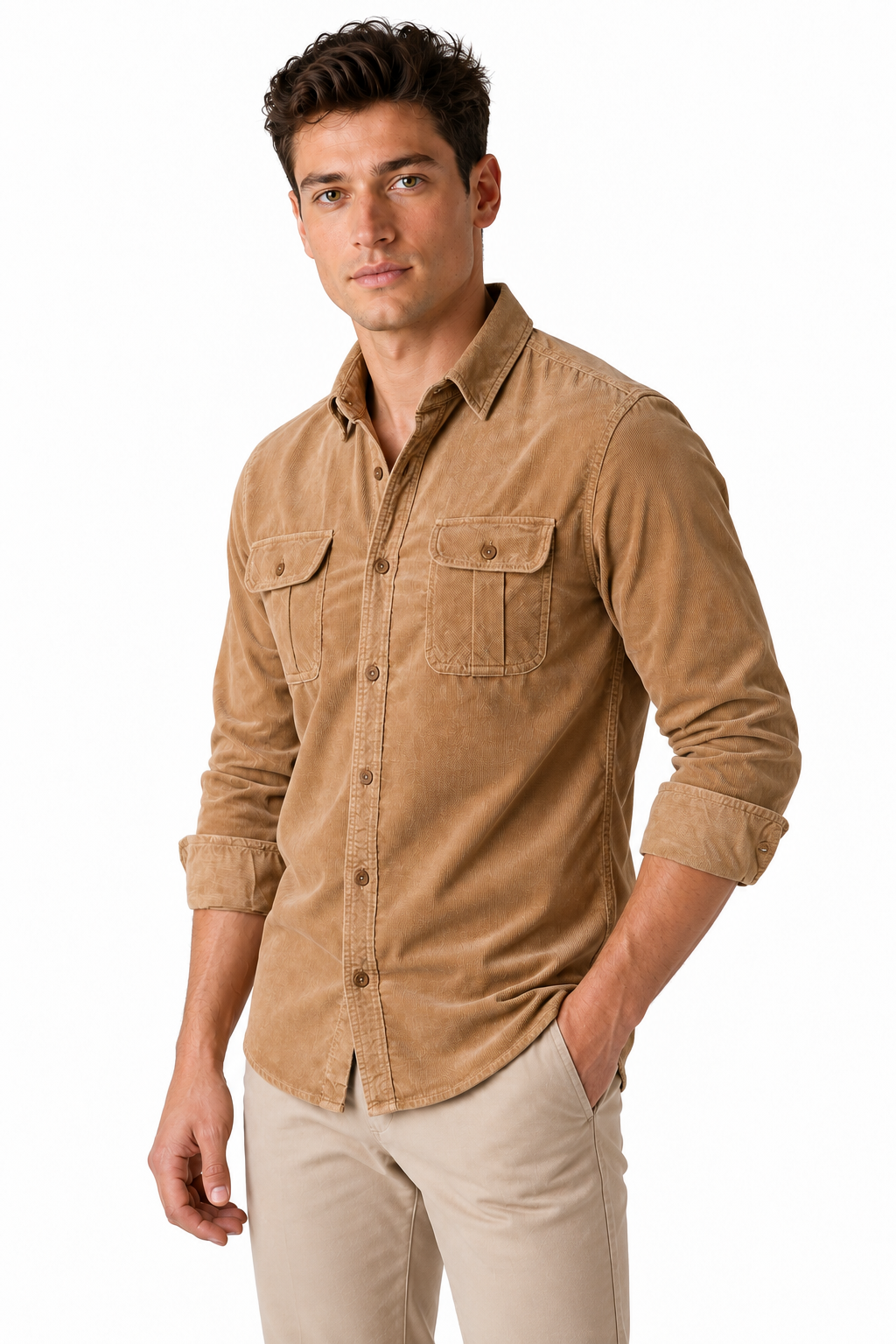 Ventorino Men's Overshirt Corduroy Fabric Rugged Style | Ventorino in Brown — model three-quarter view