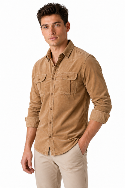 Ventorino Men's Overshirt Corduroy Fabric Rugged Style | Ventorino in Brown — model three-quarter view