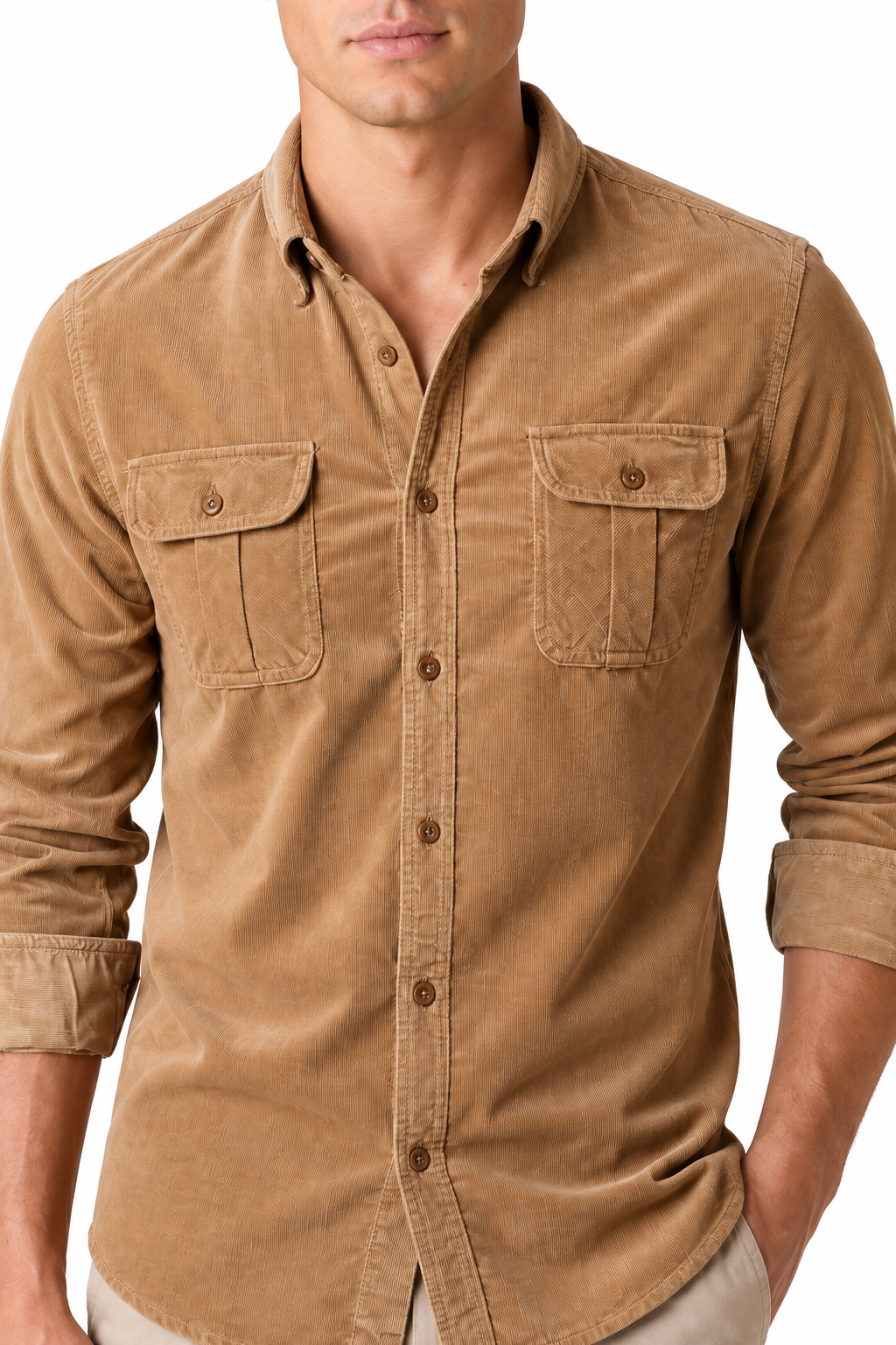 Ventorino Men's Overshirt Corduroy Fabric Rugged Style | Ventorino in Brown — garment and fabric detail