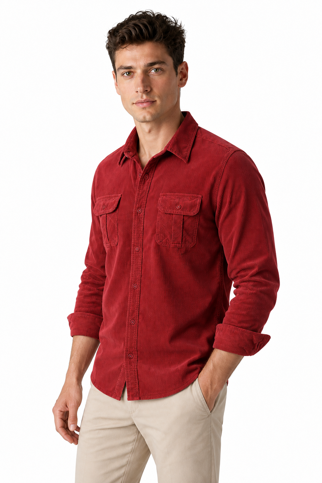 Ventorino Men's Overshirt Corduroy Fabric Rugged Style | Ventorino in Red — model three-quarter view