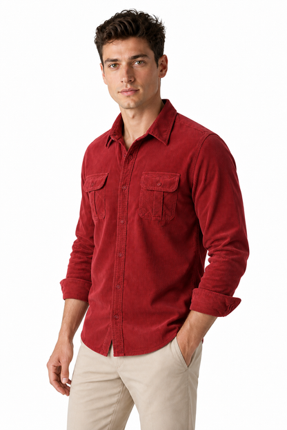 Ventorino Men's Overshirt Corduroy Fabric Rugged Style | Ventorino in Red — model three-quarter view
