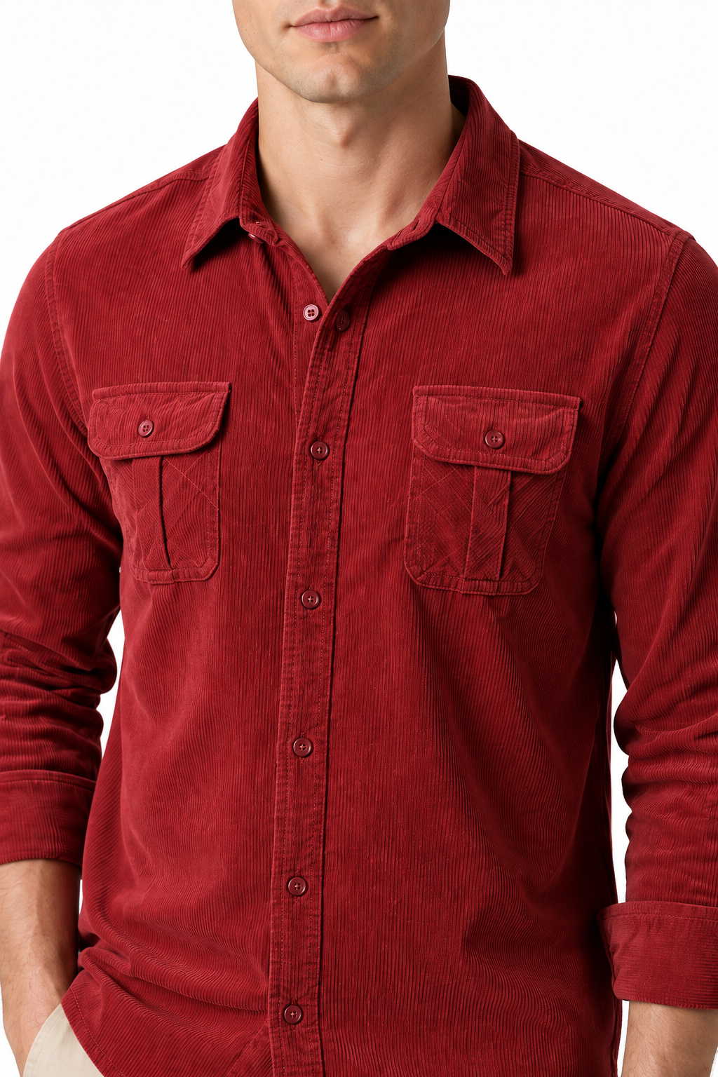 Ventorino Men's Overshirt Corduroy Fabric Rugged Style | Ventorino in Red — garment and fabric detail