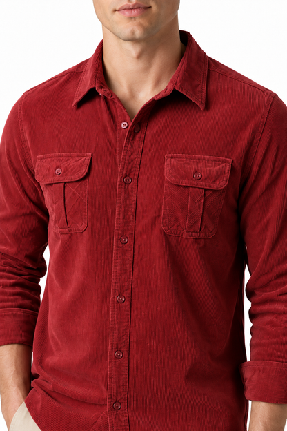 Ventorino Men's Overshirt Corduroy Fabric Rugged Style | Ventorino in Red — garment and fabric detail