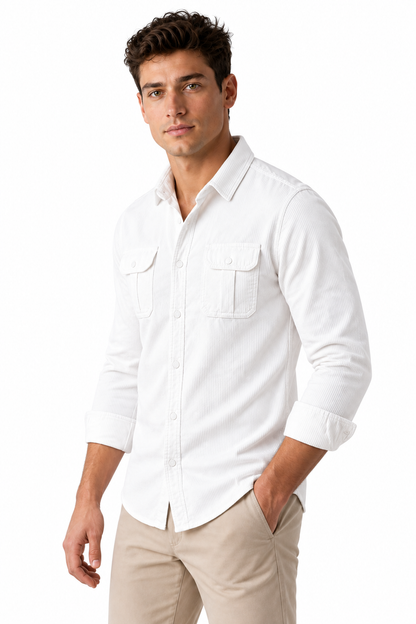 Ventorino Men's Overshirt Corduroy Fabric Rugged Style | Ventorino in White — model three-quarter view