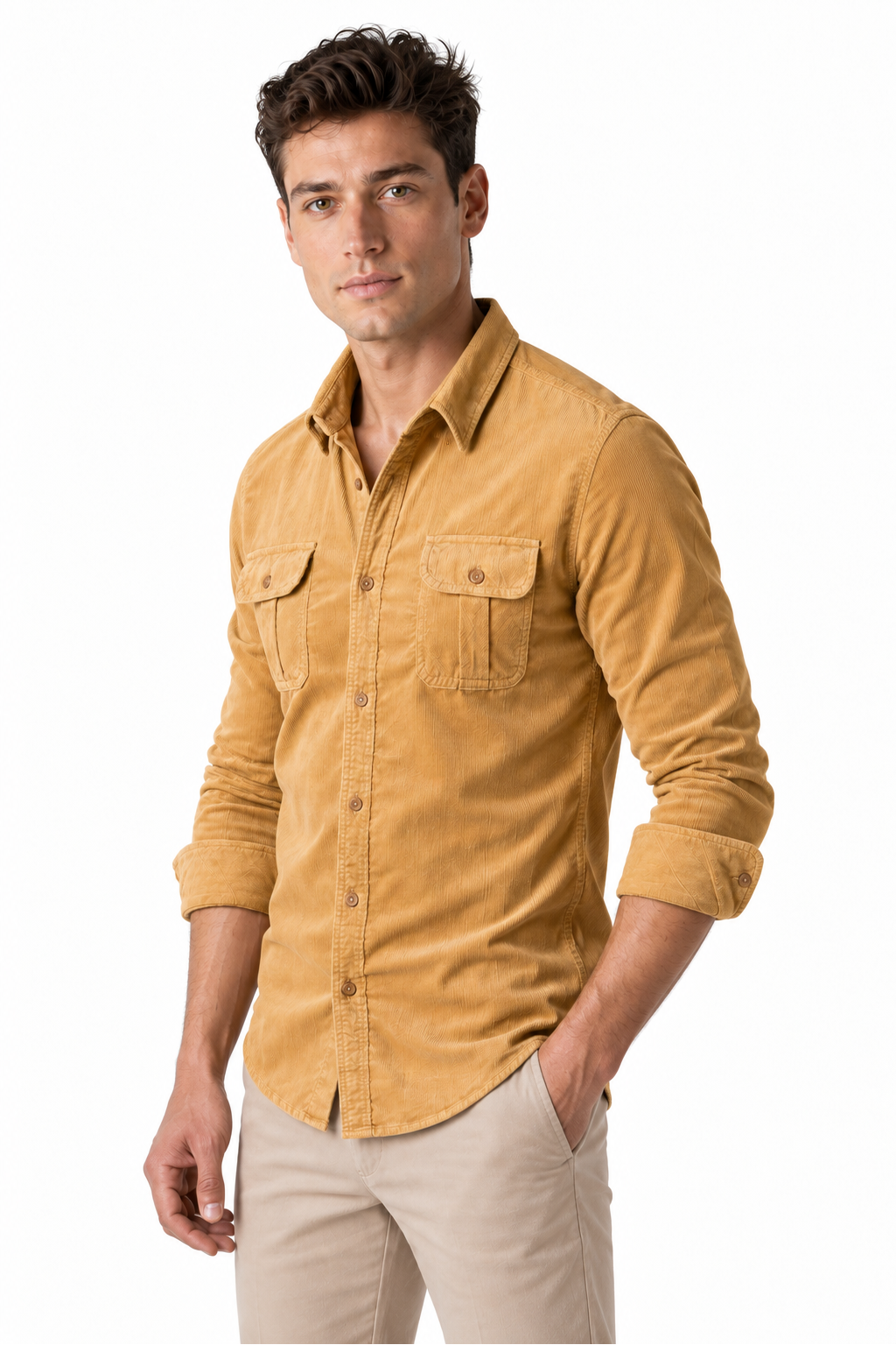 Ventorino Men's Overshirt Corduroy Fabric Rugged Style | Ventorino in Yellow — model three-quarter view