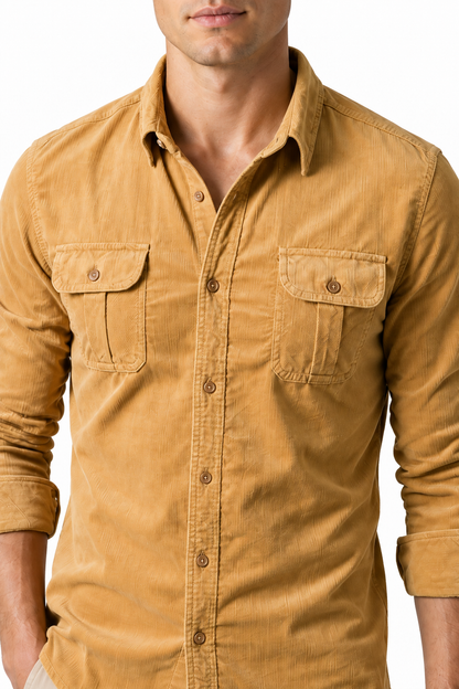 Ventorino Men's Overshirt Corduroy Fabric Rugged Style | Ventorino in Yellow — garment and fabric detail
