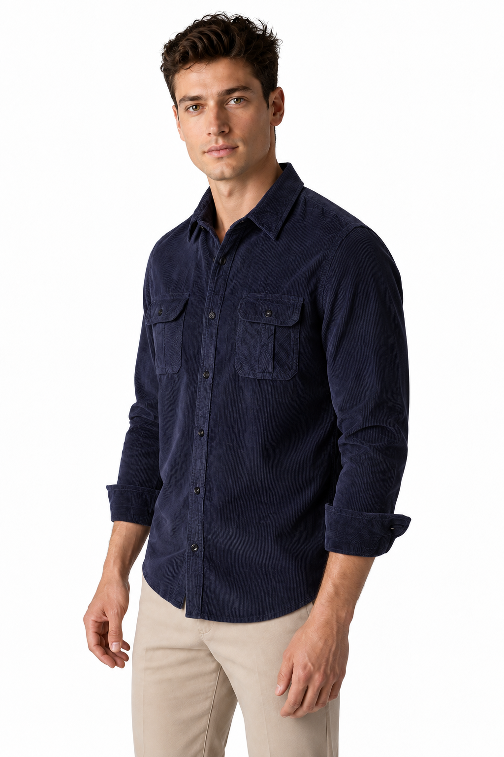Ventorino Men's Overshirt Corduroy Fabric Rugged Style | Ventorino in Navy Blue — model three-quarter view