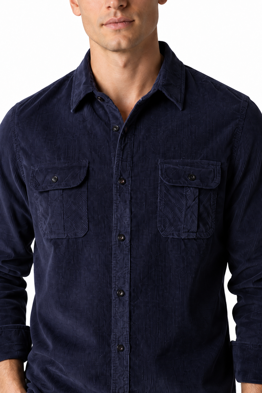 Ventorino Men's Overshirt Corduroy Fabric Rugged Style | Ventorino in Navy Blue — garment and fabric detail