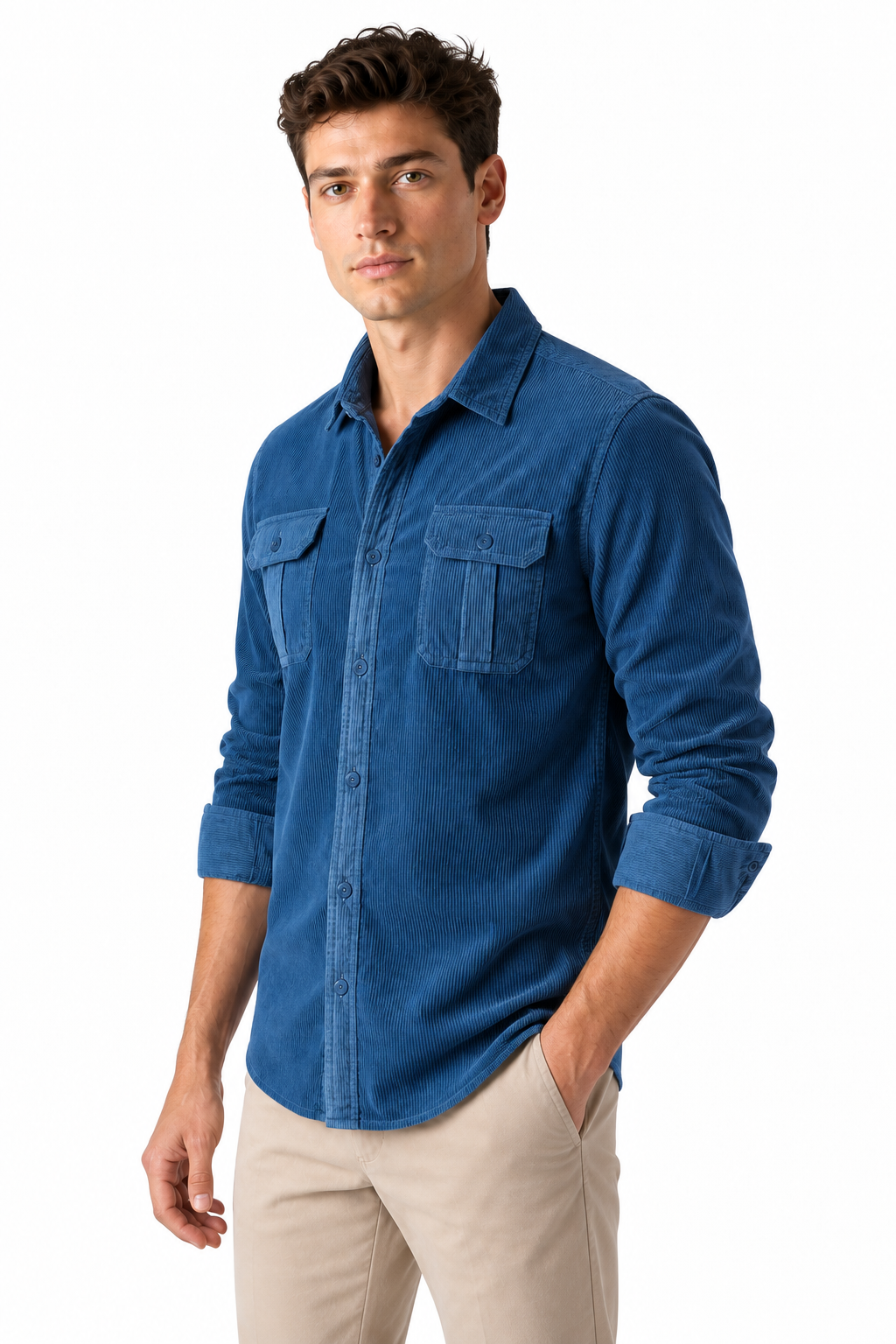 Ventorino Men's Overshirt Corduroy Fabric Rugged Style | Ventorino in Denim Blue — model three-quarter view