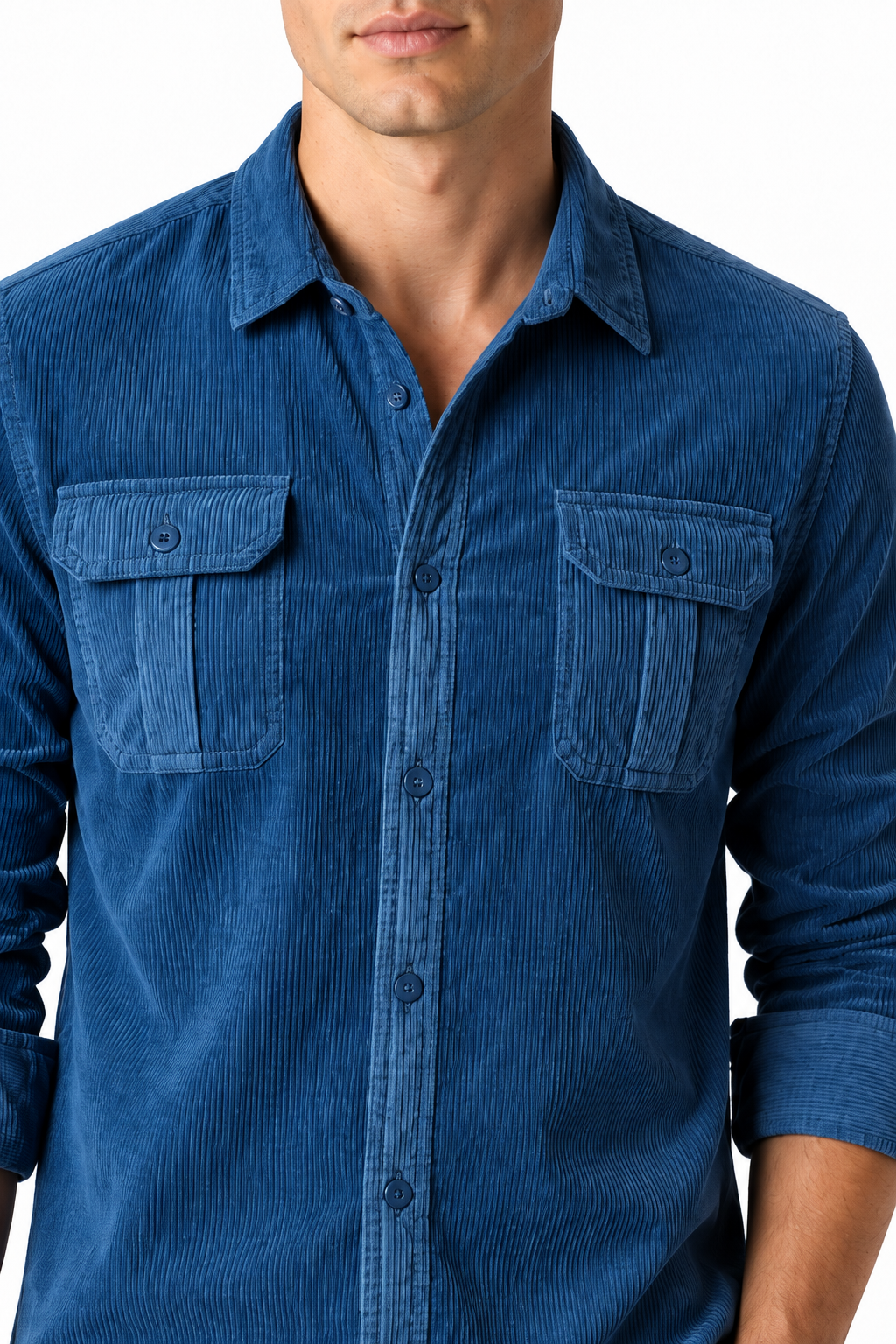 Ventorino Men's Overshirt Corduroy Fabric Rugged Style | Ventorino in Denim Blue — garment and fabric detail