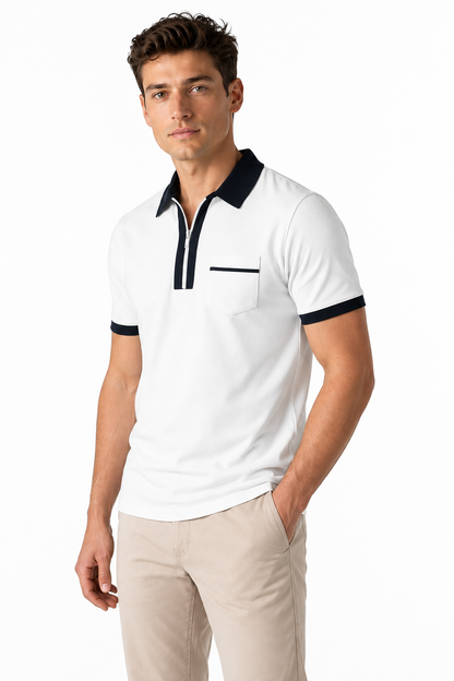Ventorino Men's Polo Shirt Contrast Piping Chest Pocket | Ventorino in White — model three-quarter view