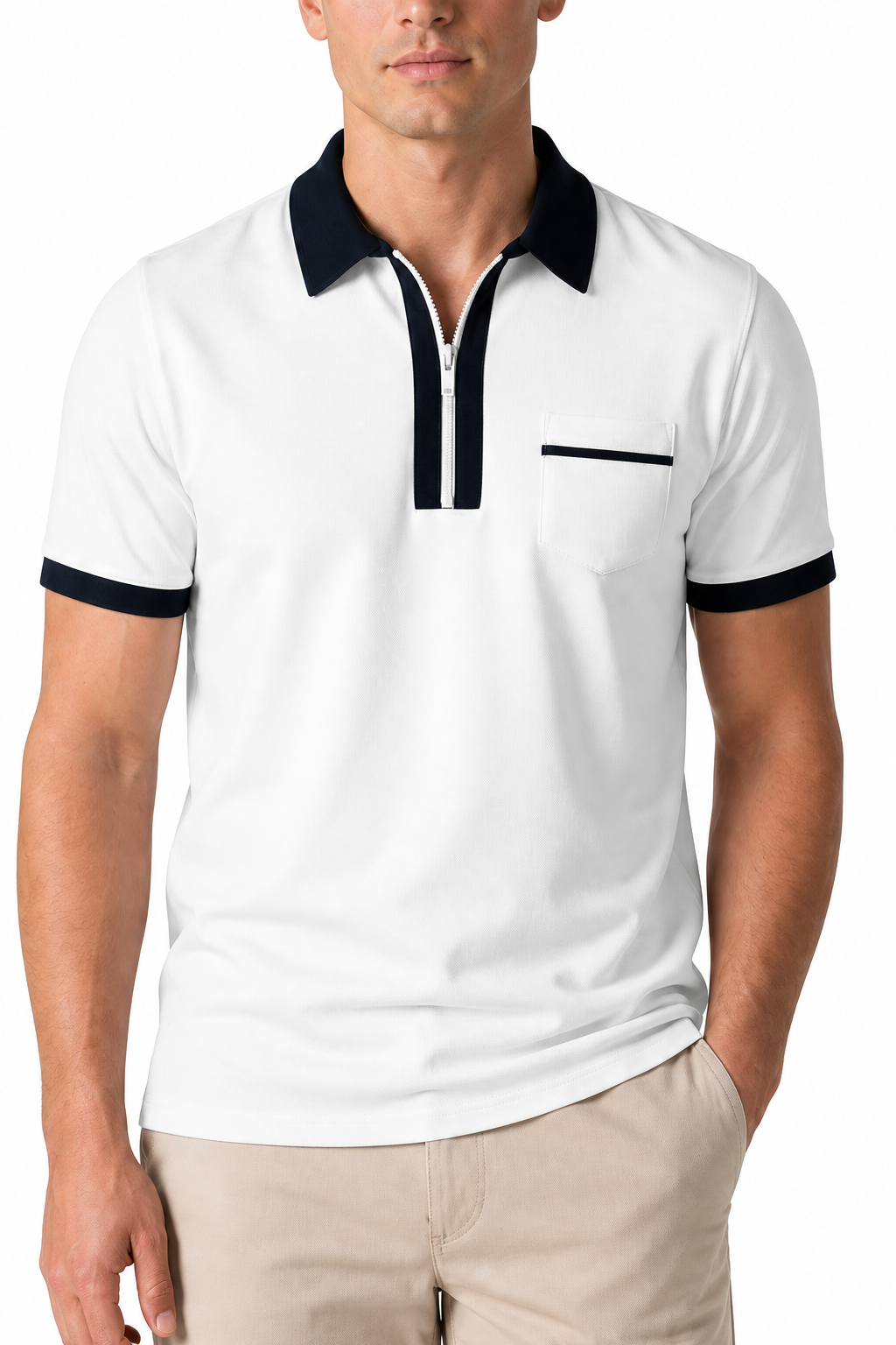 Ventorino Men's Polo Shirt Contrast Piping Chest Pocket | Ventorino in White — garment and fabric detail