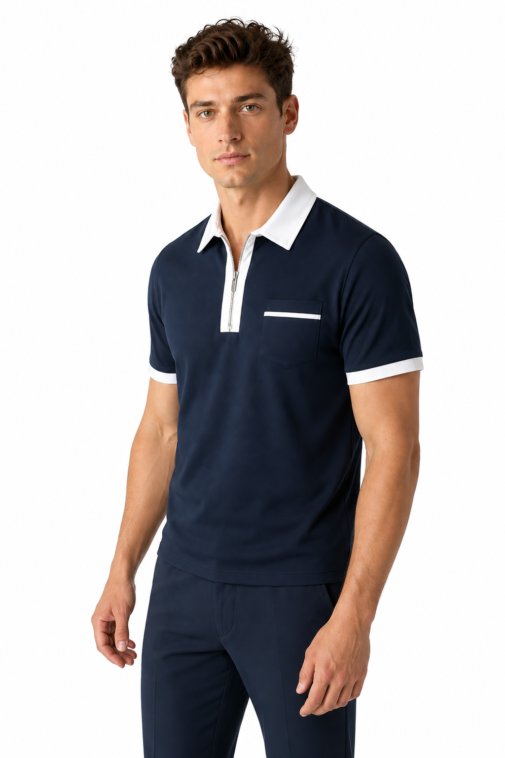 Ventorino Men's Polo Shirt Contrast Piping Chest Pocket | Ventorino in Navy Blue — model three-quarter view