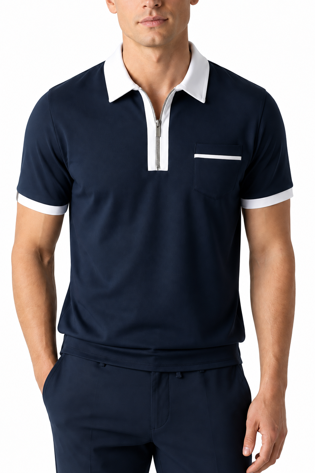 Ventorino Men's Polo Shirt Contrast Piping Chest Pocket | Ventorino in Navy Blue — garment and fabric detail