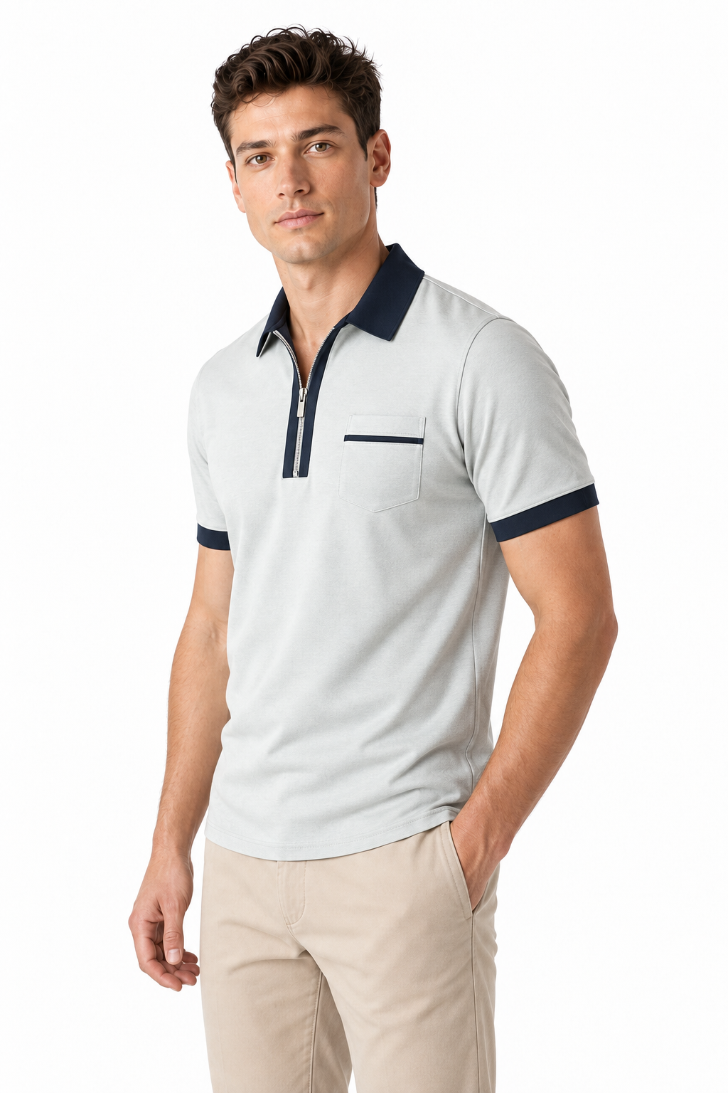 Ventorino Men's Polo Shirt Contrast Piping Chest Pocket | Ventorino in Grey — model three-quarter view