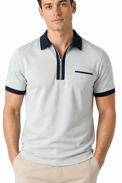 Ventorino Men's Polo Shirt Contrast Piping Chest Pocket | Ventorino in Grey — garment and fabric detail