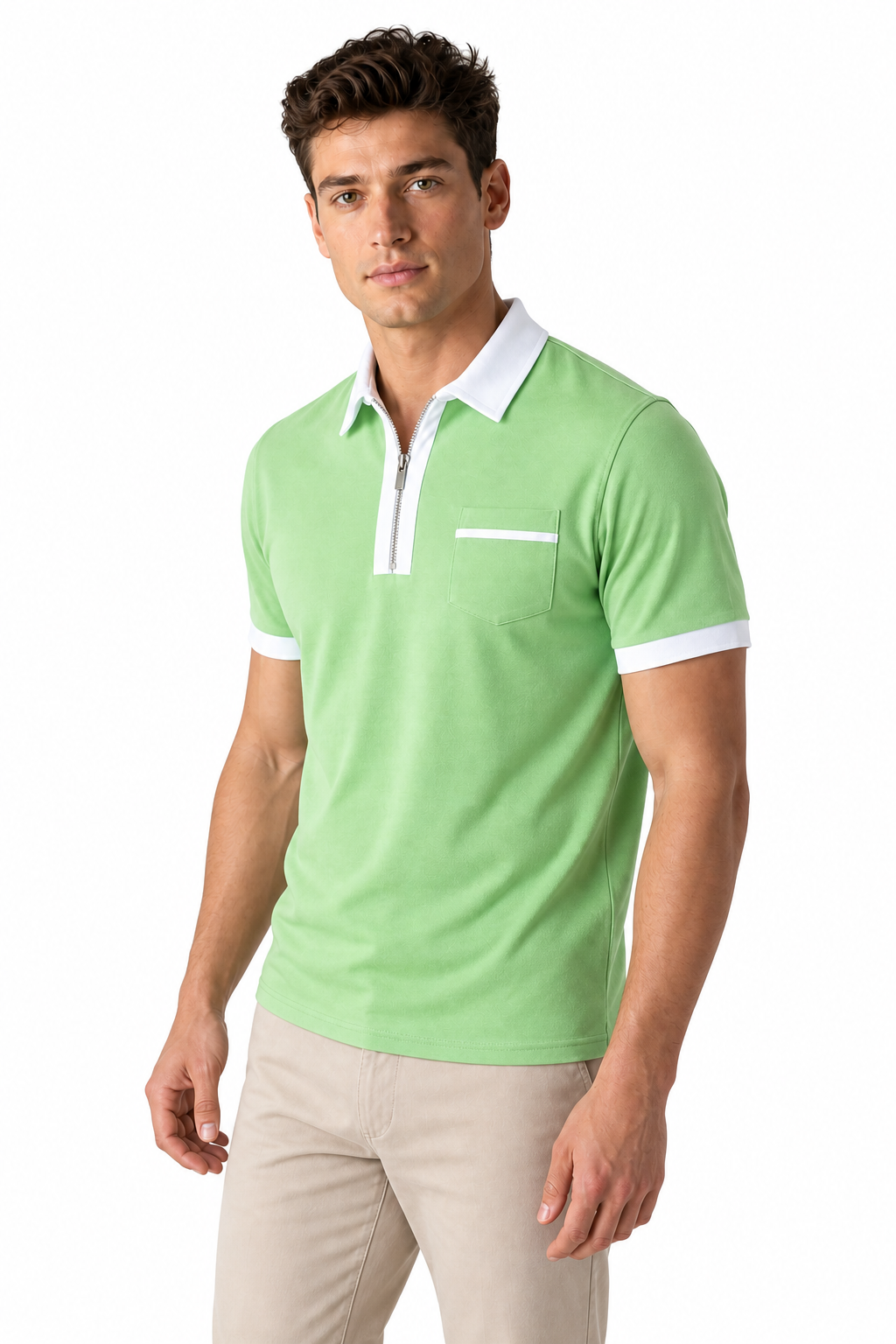 Ventorino Men's Polo Shirt Contrast Piping Chest Pocket | Ventorino in Green — model three-quarter view