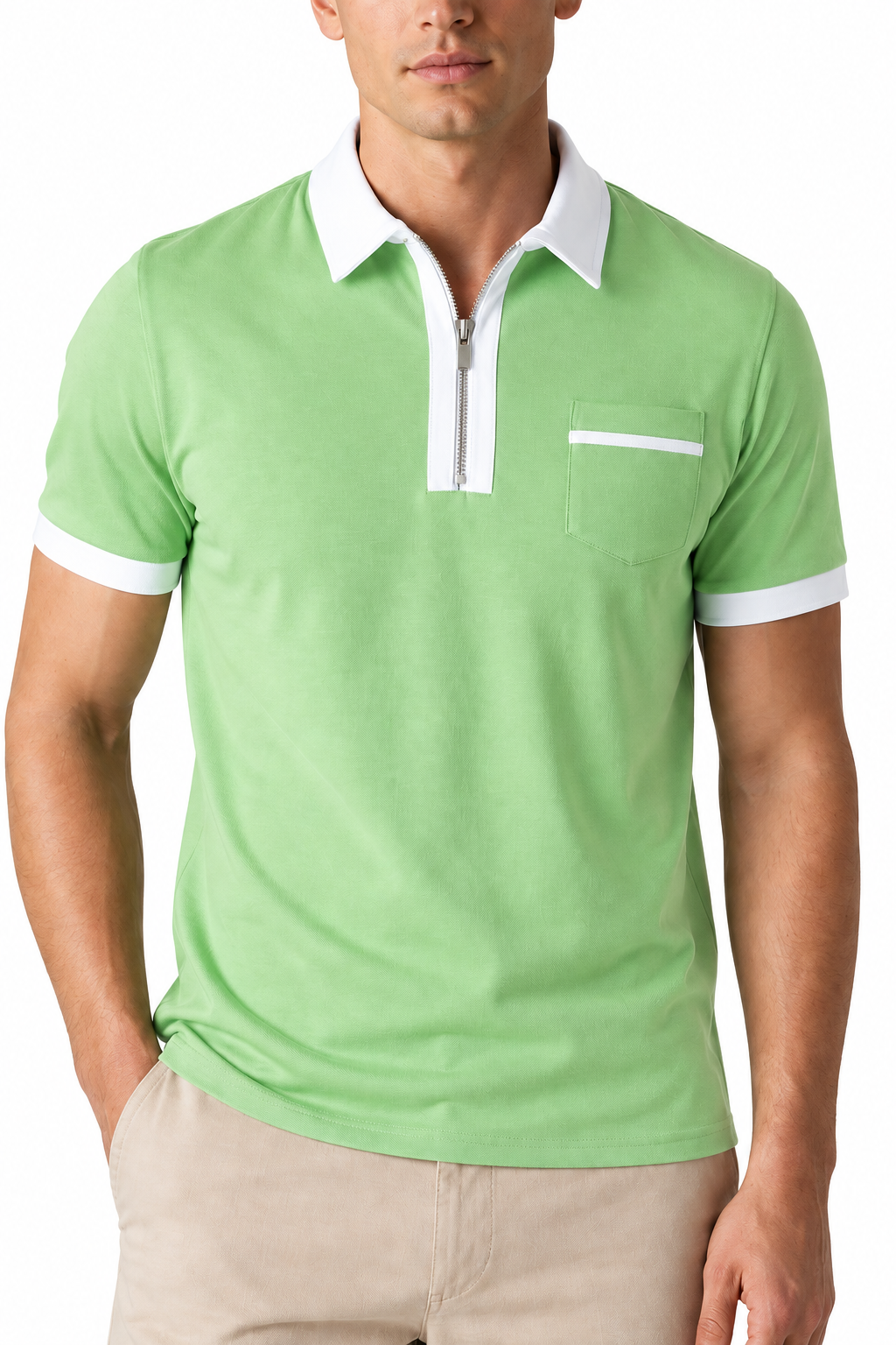 Ventorino Men's Polo Shirt Contrast Piping Chest Pocket | Ventorino in Green — garment and fabric detail