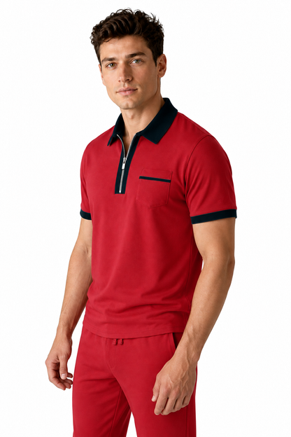 Ventorino Men's Polo Shirt Contrast Piping Chest Pocket | Ventorino in Red — model three-quarter view