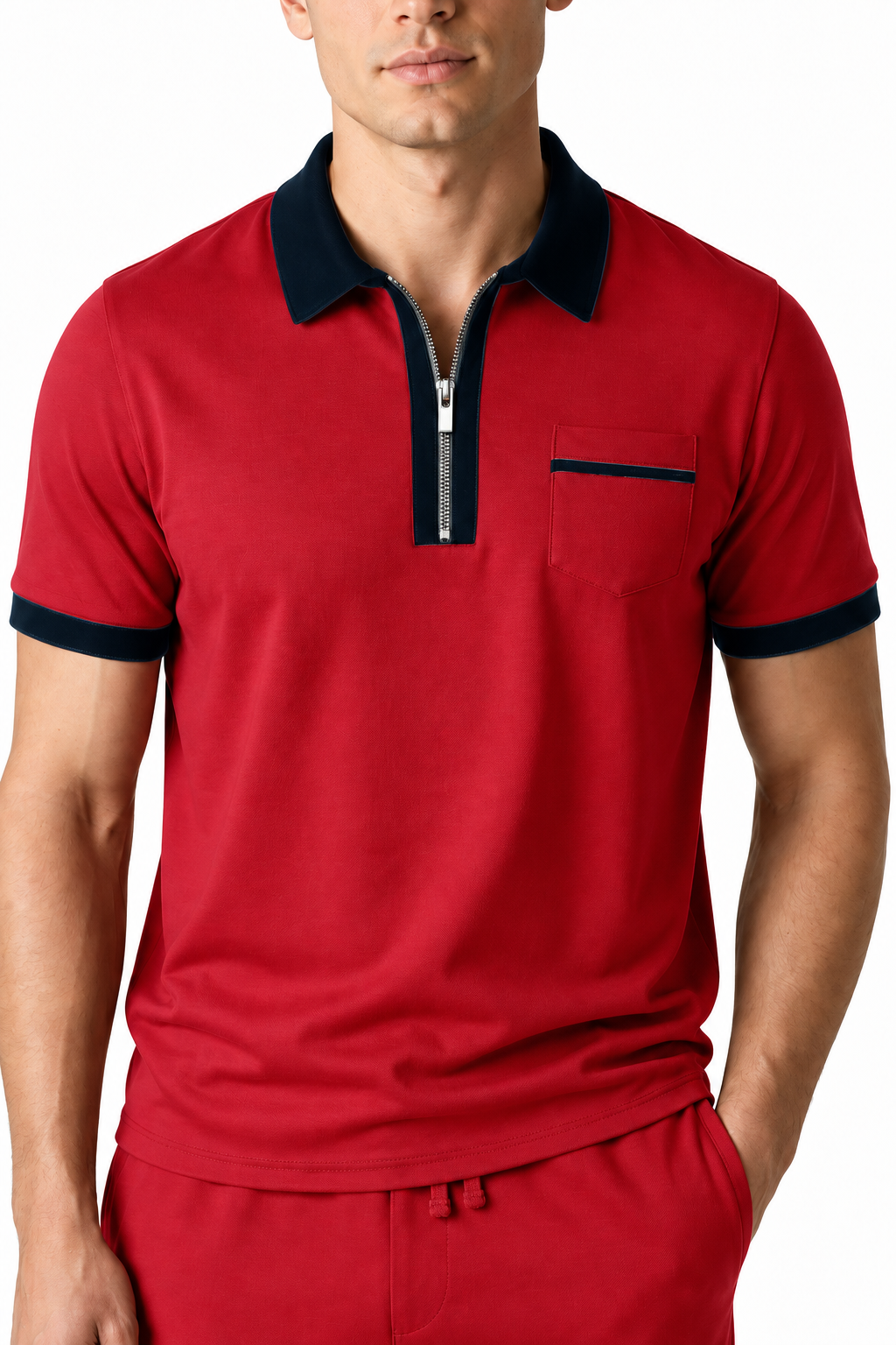 Ventorino Men's Polo Shirt Contrast Piping Chest Pocket | Ventorino in Red — garment and fabric detail