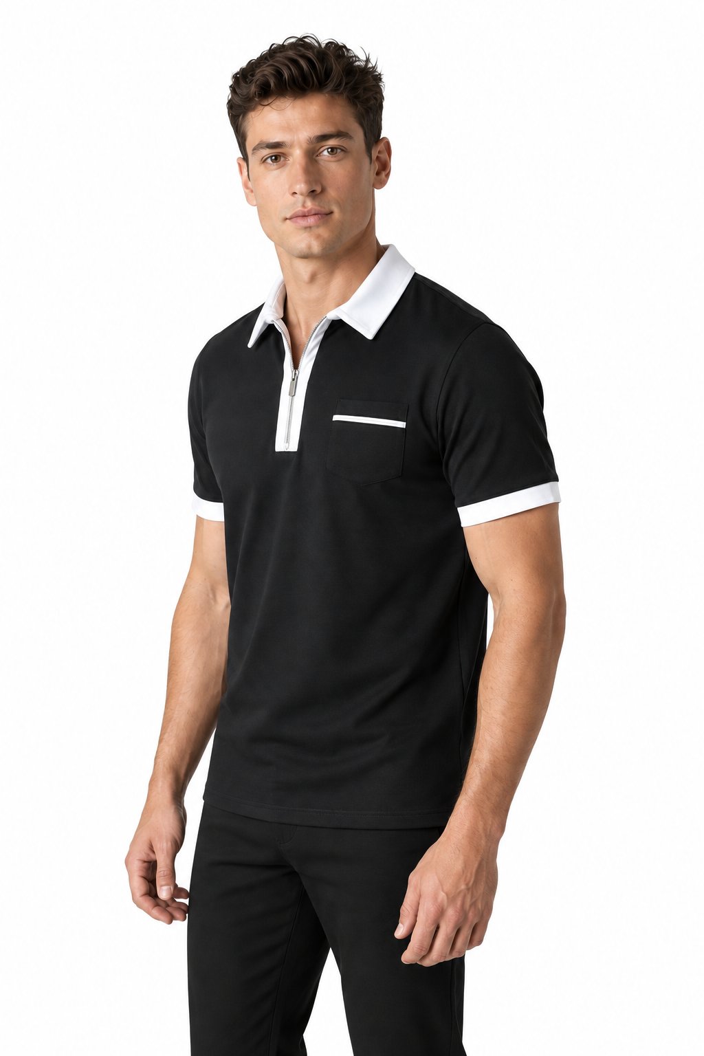 Ventorino Men's Polo Shirt Contrast Piping Chest Pocket | Ventorino in Black white — model three-quarter view