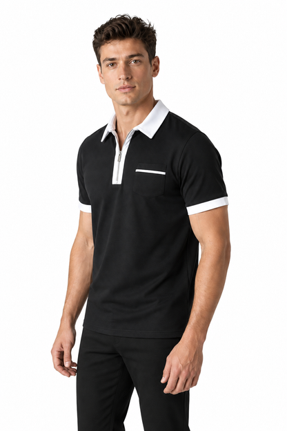 Ventorino Men's Polo Shirt Contrast Piping Chest Pocket | Ventorino in Black white — model three-quarter view