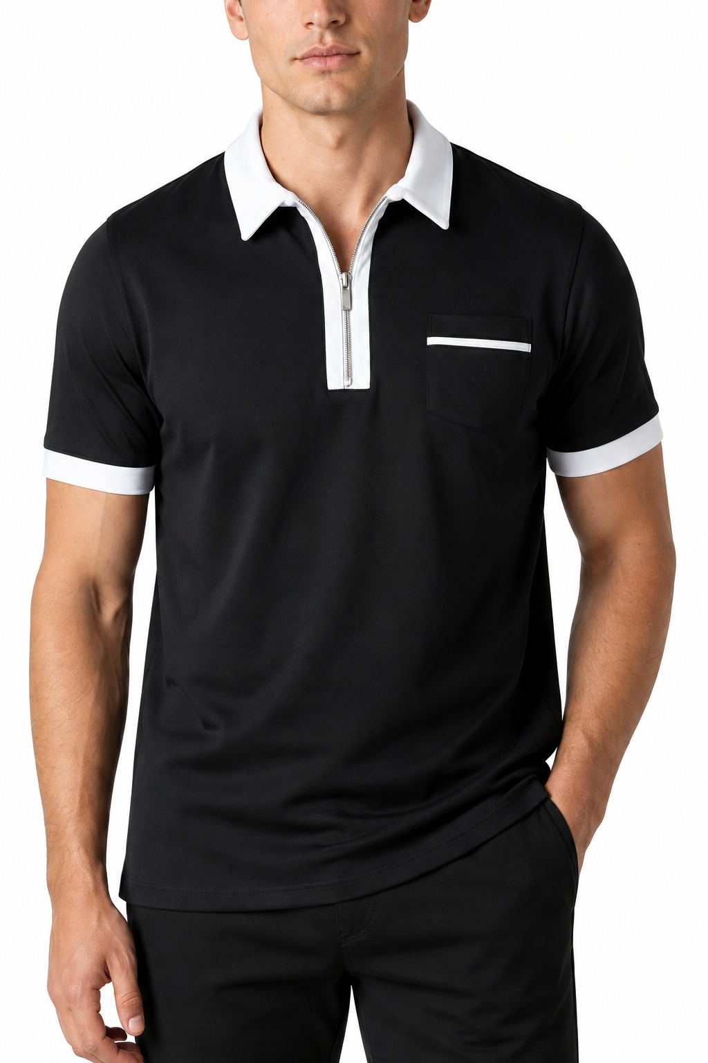 Ventorino Men's Polo Shirt Contrast Piping Chest Pocket | Ventorino in Black white — garment and fabric detail