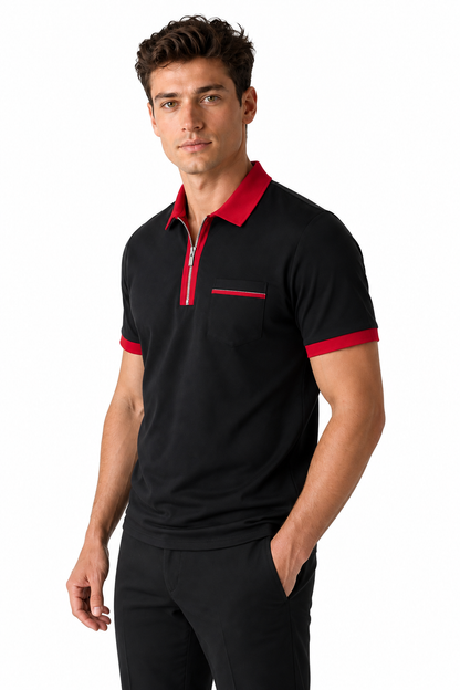 Ventorino Men's Polo Shirt Contrast Piping Chest Pocket | Ventorino in Black red — model three-quarter view
