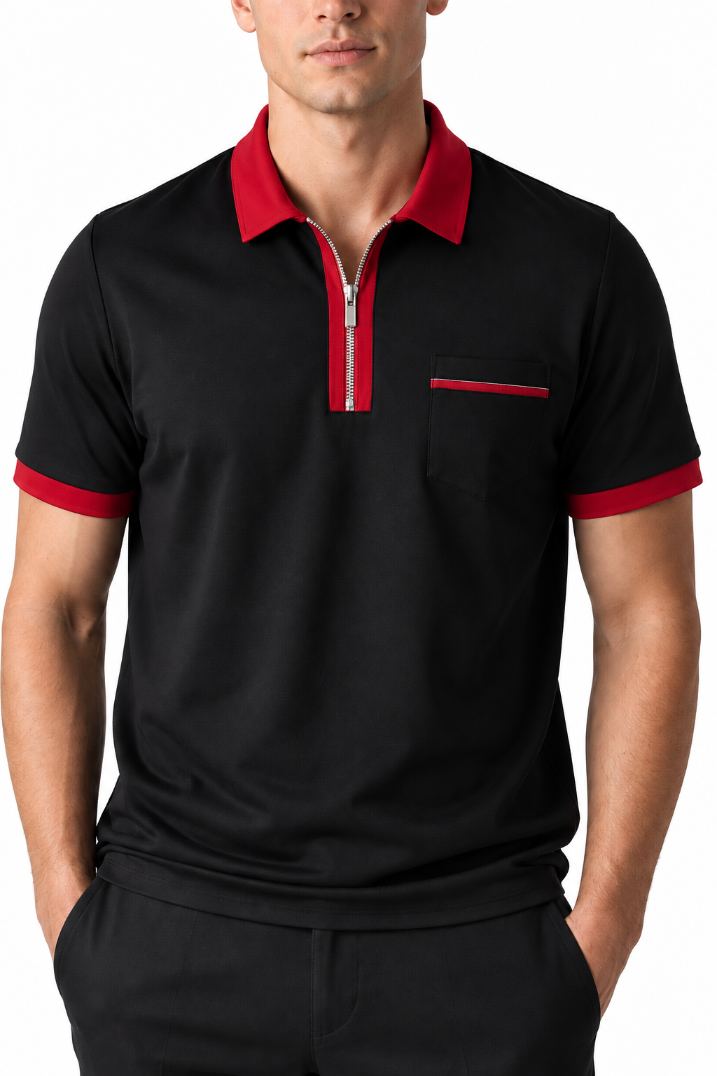 Ventorino Men's Polo Shirt Contrast Piping Chest Pocket | Ventorino in Black red — garment and fabric detail