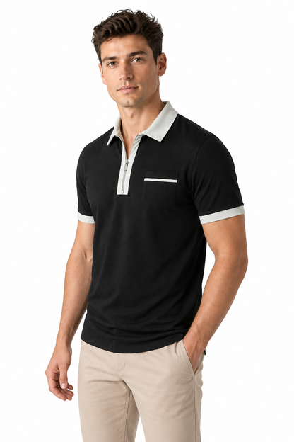 Ventorino Men's Polo Shirt Contrast Piping Chest Pocket | Ventorino in Black grey — model three-quarter view