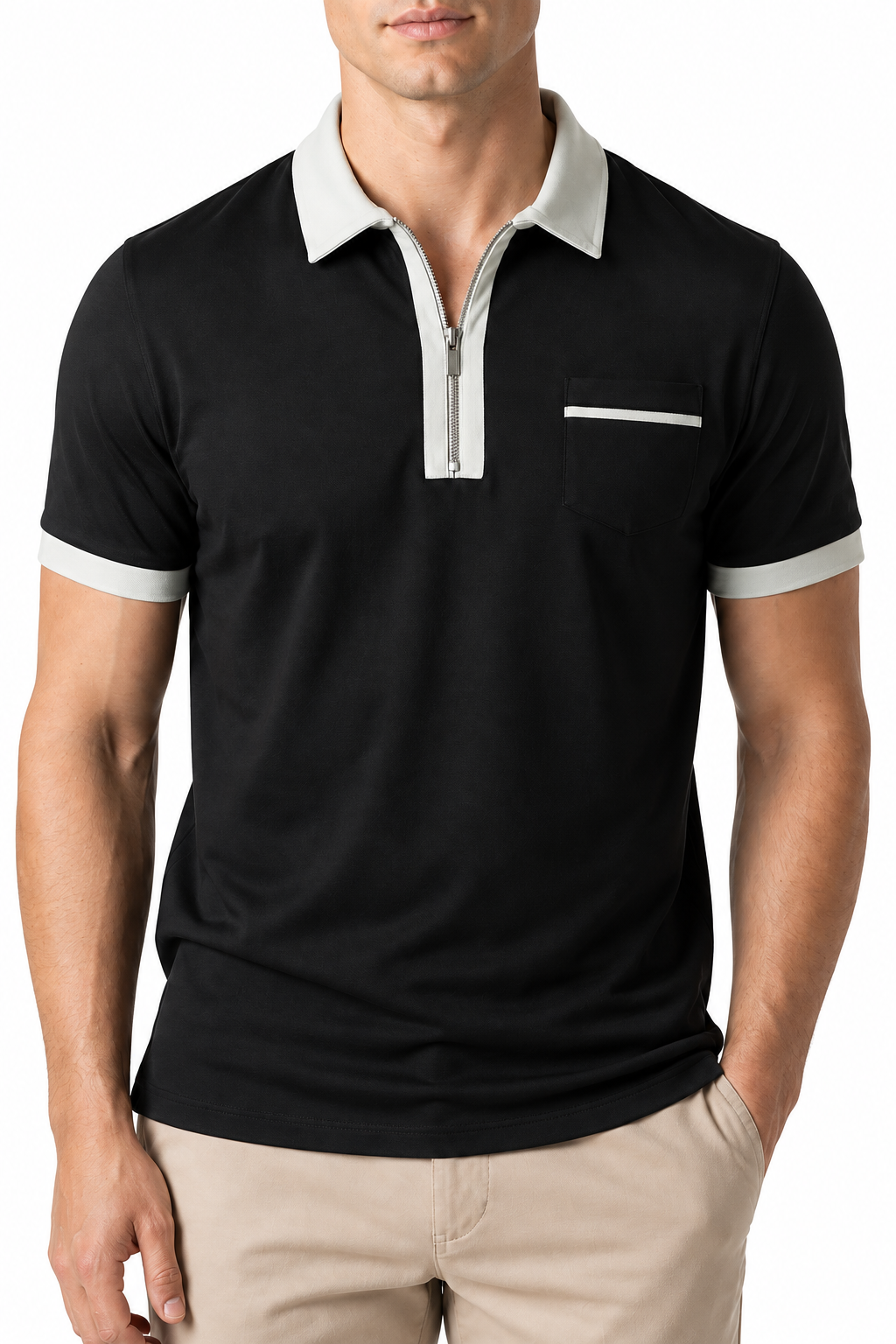 Ventorino Men's Polo Shirt Contrast Piping Chest Pocket | Ventorino in Black grey — garment and fabric detail