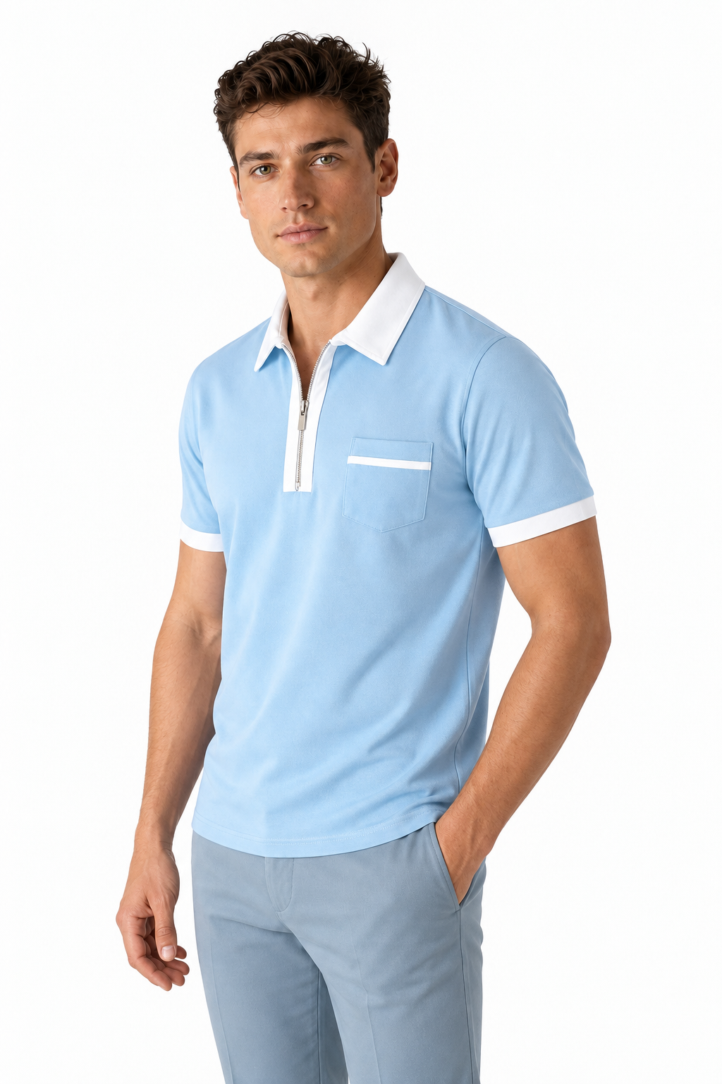 Ventorino Men's Polo Shirt Contrast Piping Chest Pocket | Ventorino in Light Blue — model three-quarter view